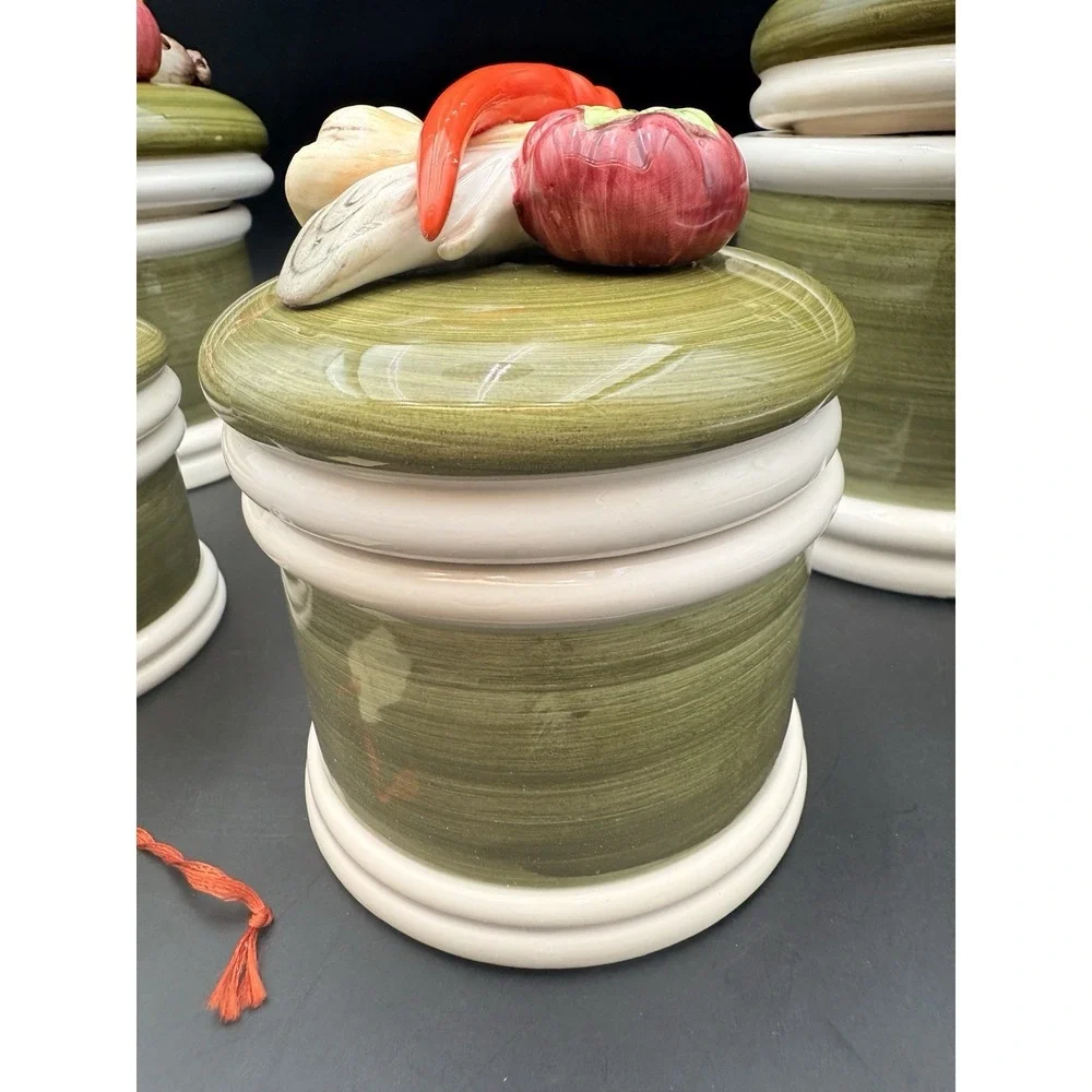 Vintage Set Of 4 Garden Harvest‎ Green Hand Painted Canister with Vegetables